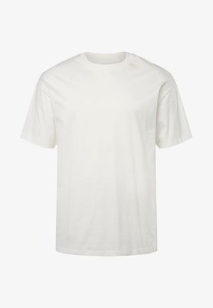 Bílá bavlněná tričko, krátký rukáv, kulatý výstřih, uvolněný střih, hladká textura, bez vzorů nebo grafik, rovný lem na spodní straně.