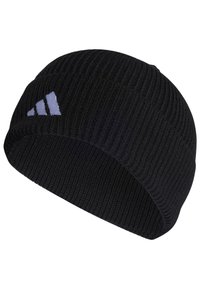 Black knitted beanie with ribbed texture, featuring a white logo accent on the side. Short, fitted design suitable for cold weather.