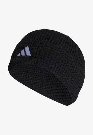 Schwarze gestrickte Mütze mit Rippstricktextur, mit einem weißen Logoakzent an der Seite. Kurzes, körperbetontes Design, geeignet für kaltes Wetter.