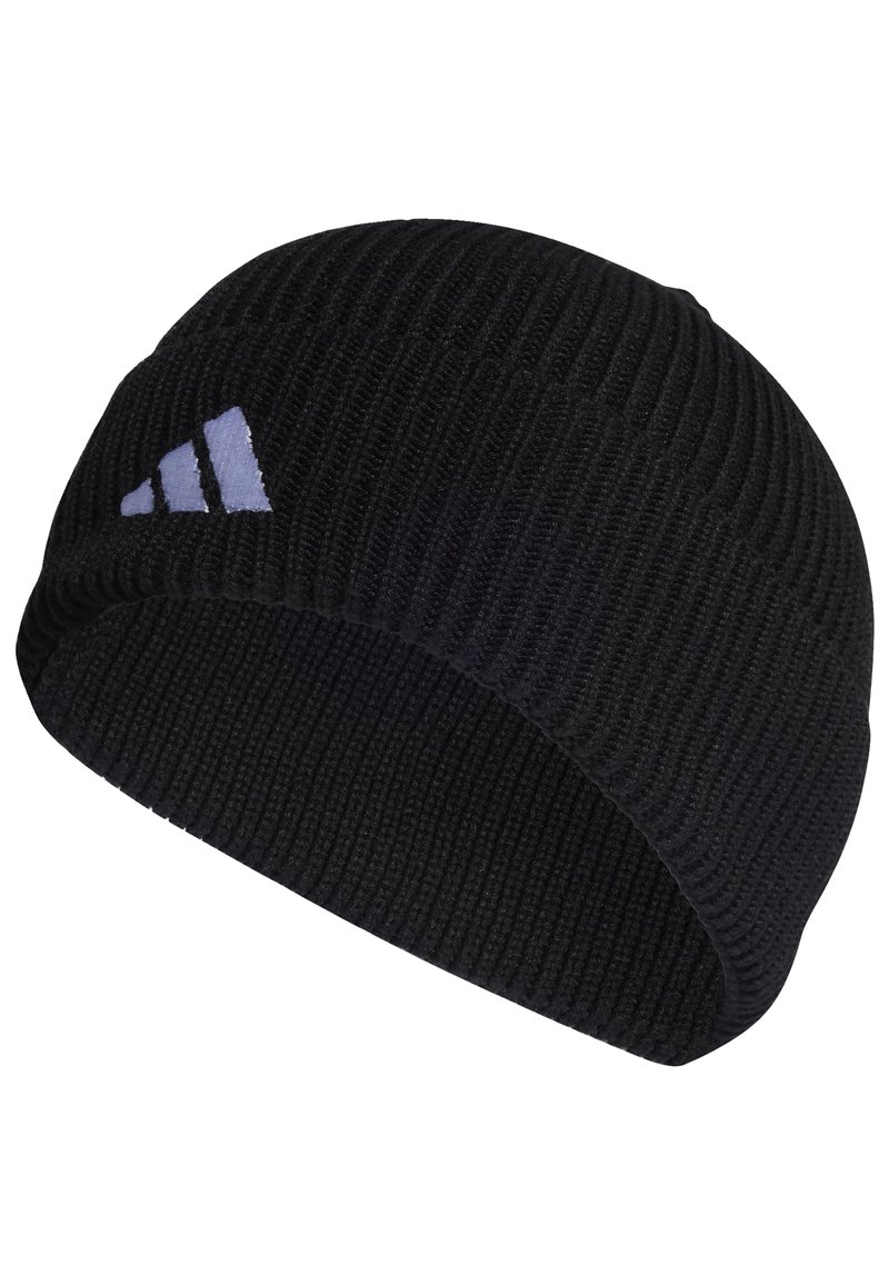 Black knitted beanie with ribbed texture, featuring a white logo accent on the side. Short, fitted design suitable for cold weather.