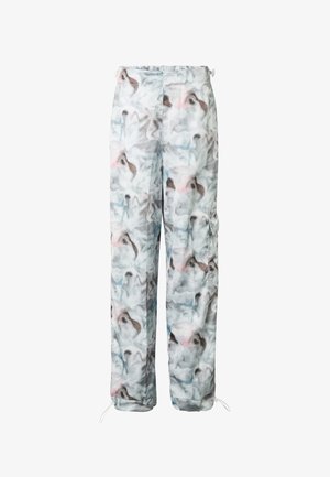 Light-colored loose pants with abstract gray, blue, pink, and brown patterns, elastic waist, cargo pocket, and adjustable ankle drawstrings.
