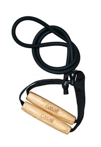 Jump rope with black rubber tubing, wood handles, and black fabric straps. Handles are engraved with "casall." Smooth texture and durable design.