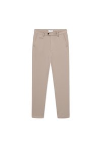Beige rovné kalhoty s předními kapsami, poutky na opasek, zapínáním na knoflík a malou štítkem na pase.