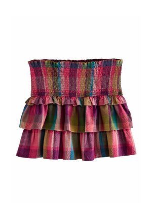Spódnica bez ramiączek, marszczona, z warstwowymi falbanami. Wykonana z kolorowej, kratkowanej tkaniny w odcieniach różu, fioletu, zieleni i niebieskiego. Teksturowana powierzchnia.