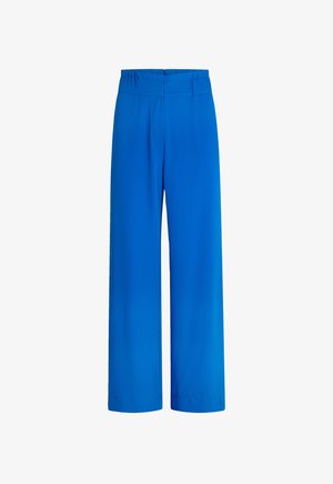 Blaue weit geschnittene Hose mit elastischem Bund. Hergestellt aus glattem Stoff, mit einem schlichten Design und ohne sichtbare Muster oder Akzente.