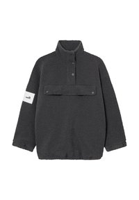 Ciemnoszara bluza z wysokim kołnierzem, wykonana z miękkiego, teksturowanego polarowego materiału. Posiada zatrzaski oraz kieszeń z przodu z elementami metalowymi.