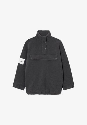 Ciemnoszara bluza z wysokim kołnierzem, wykonana z miękkiego, teksturowanego polarowego materiału. Posiada zatrzaski oraz kieszeń z przodu z elementami metalowymi.