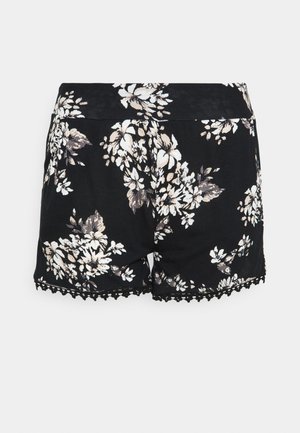 Gėlėti juodi šortai su lygiu audiniu, kuriuose yra baltų ir smėlio spalvos gėlių, bei dekoratyvi švelni apdaila.