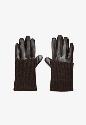 Brązowe skórzane rękawiczki z prążkowanym, dzianym brązowym mankietem. Rękawiczki mają gładkie wykończenie i pięć oddzielnych przegródek na palce.