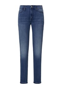 Jean en denim bleu foncé avec une coupe slim, taille moyenne et design classique à cinq poches. Le tissu présente une légère décoloration et une texture lisse.