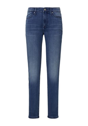 Dark blue denim jeans featuring a slim fit, medium rise, and classic five-pocket design. The fabric has a slight fade and smooth texture.