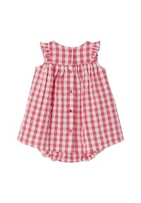 Pink and white gingham dress with ruffled straps, button closures, and gathered fabric. Soft cotton material, round hem design.