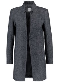 Manteau pour femme en chevrons gris, manches longues, col, devant ouvert et doublure intérieure noire, taille moyenne.