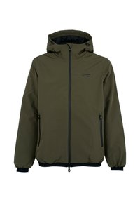 Giacca verde oliva con cappuccio, cerniera frontale e due tasche laterali. Presenta cerniere nere e polsini elastici sulle maniche e sull'orlo.