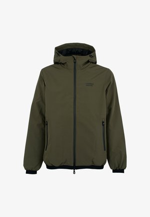 Giacca verde oliva con cappuccio, cerniera frontale e due tasche laterali. Presenta cerniere nere e polsini elastici sulle maniche e sull'orlo.