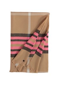 Écharpe tissée marron avec des rayures roses et brun foncé, bordée de franges et comportant un petit accent noir sur un coin.