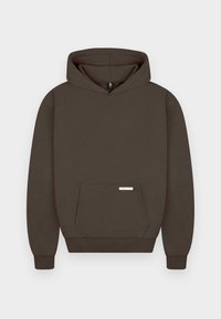 Sweat à capuche brun foncé avec poche kangourou à l'avant et poignets et ourlet côtelés, présenté sur un fond clair uni.