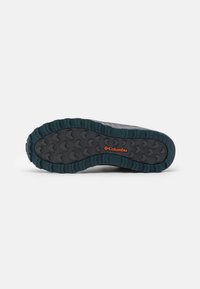 Podeszwa sneakersów Columbia w ciemnoszarym gumie, z agresywnym wzorem bieżnika i teksturowaną powierzchnią z niebiesko-zielonymi akcentami oraz logo.