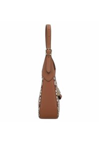 Borsa a spalla in pelle marrone con un motivo floreale cucito. Presenta una sola tracolla regolabile e un dettaglio in metallo sul lato.