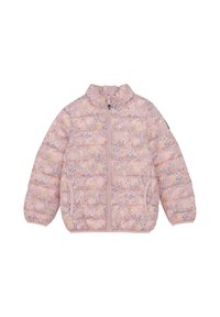 Vadderad jacka i ljusrosa med blommönster i lavendel och gult, hög krage, framdragkedja och sidofickor.