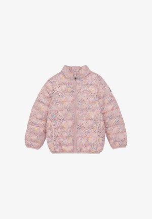 Veste matelassée de couleur rose clair avec un motif floral en lavande et jaune, col montant, fermeture éclair à l'avant et poches latérales.