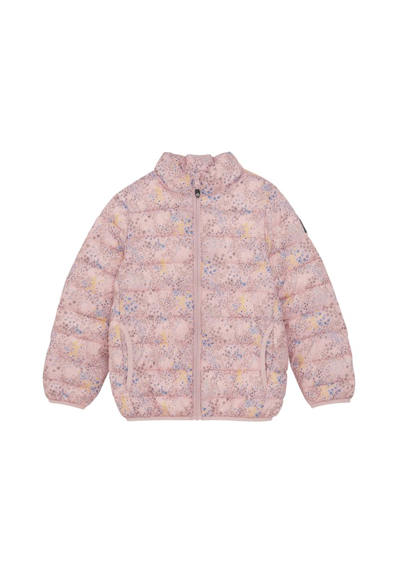 Vadderad jacka i ljusrosa med blommönster i lavendel och gult, hög krage, framdragkedja och sidofickor.