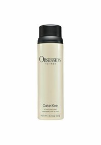 Beige cylindrisk sprayflaska med ett svart lock. Tryckt text som lyder "OBSESSION for men" och "Calvin Klein," med produktvikt angiven.