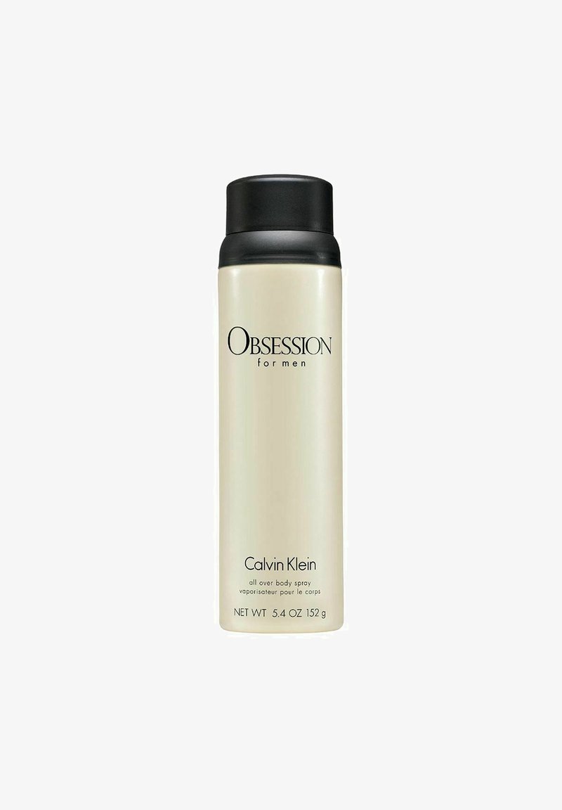 Beige cylindrisk sprayflaska med ett svart lock. Tryckt text som lyder "OBSESSION for men" och "Calvin Klein," med produktvikt angiven.