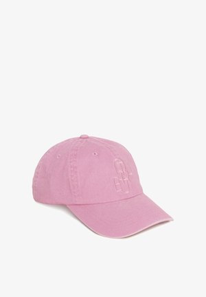 Casquette de baseball rose en coton avec un motif brodé à l'avant, une visière incurvée et une sangle réglable à l'arrière. Finition en tissu texturé.