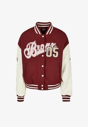 Burgundy varsity jacket with white leather sleeves, "Bronx 05" embroidered in pink and beige on the chest, snap buttons, and striped cuffs.
