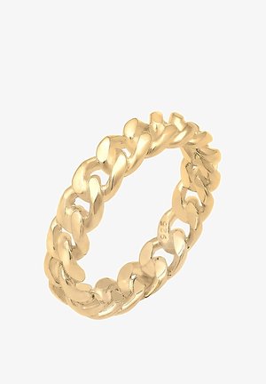 Bague style chaîne de couleur dorée avec des maillons ovales polis et un poinçon de pureté du métal « 925 » à l’intérieur de l’anneau.