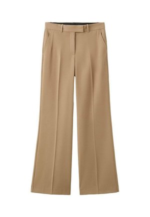 Beige wide-leg trousers with belt loops, front pockets, and a concealed front fastening, displayed on a white background.