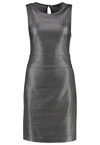 Robe sans manches en tissu gris métallique avec une texture lisse, dotée d'un col rond et d'un détail en forme de trou de serrure dans le dos.