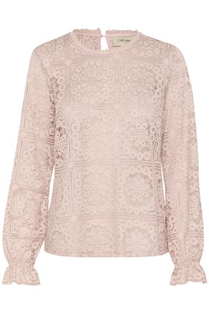 Lace blouse in lichtroze met lange mouwen, ronde hals en sleutelgat achterkant. Bevat bloemenpatronen en kantafwerking aan de rand van de manchetten.