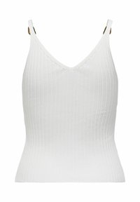 Witte geribbelde tanktop met een V-hals, voorzien van smalle verstelbare bandjes en accenten in goudkleurige hardware. Soepele textuur met een aansluitend ontwerp.