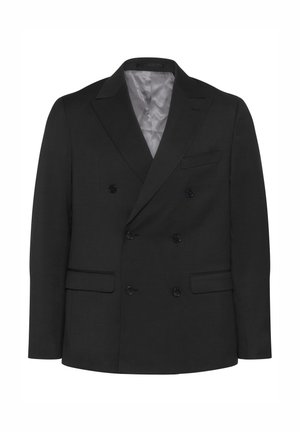 Črni dvoredni blazer z zareznimi klapami, dvema sprednjima žepekoma in šestimi gumbi, ki se ponaša z gladkim podložnim materialom in strukturirano zasnovo.