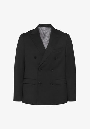 Črni dvoredni blazer z zareznimi klapami, dvema sprednjima žepekoma in šestimi gumbi, ki se ponaša z gladkim podložnim materialom in strukturirano zasnovo.