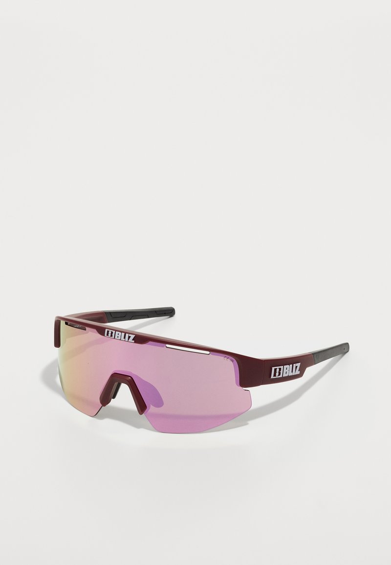 Sport sunglasses with a maroon frame and black accents. Large mirrored pink lenses and a sleek, aerodynamic design for performance.