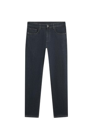 Mørkeblå straight-leg denimjeans med forreste knap, lynlåslukning, bæltestropper og fem-lommer-design på en hvid baggrund.