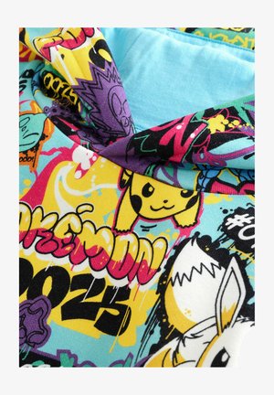 Tissu coloré avec des motifs graphiques de personnages de dessins animés et du texte. Principalement jaune, bleu et rose avec des contours et accents noirs.