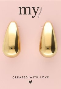 Boucles d'oreilles en or, avec une surface lisse et réfléchissante, en forme de goutte. Présentées sur une carte rose estampillée "mes BIJOUX".