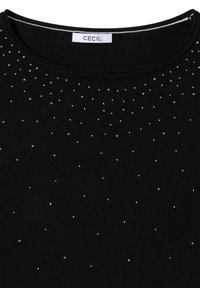 Czarny sweter z okrągłym dekoltem i rozrzuconymi ozdobami w postaci srebrnych cyrkonii. Gładka tekstura o subtelnym blasku. Metka marki: CECIL.