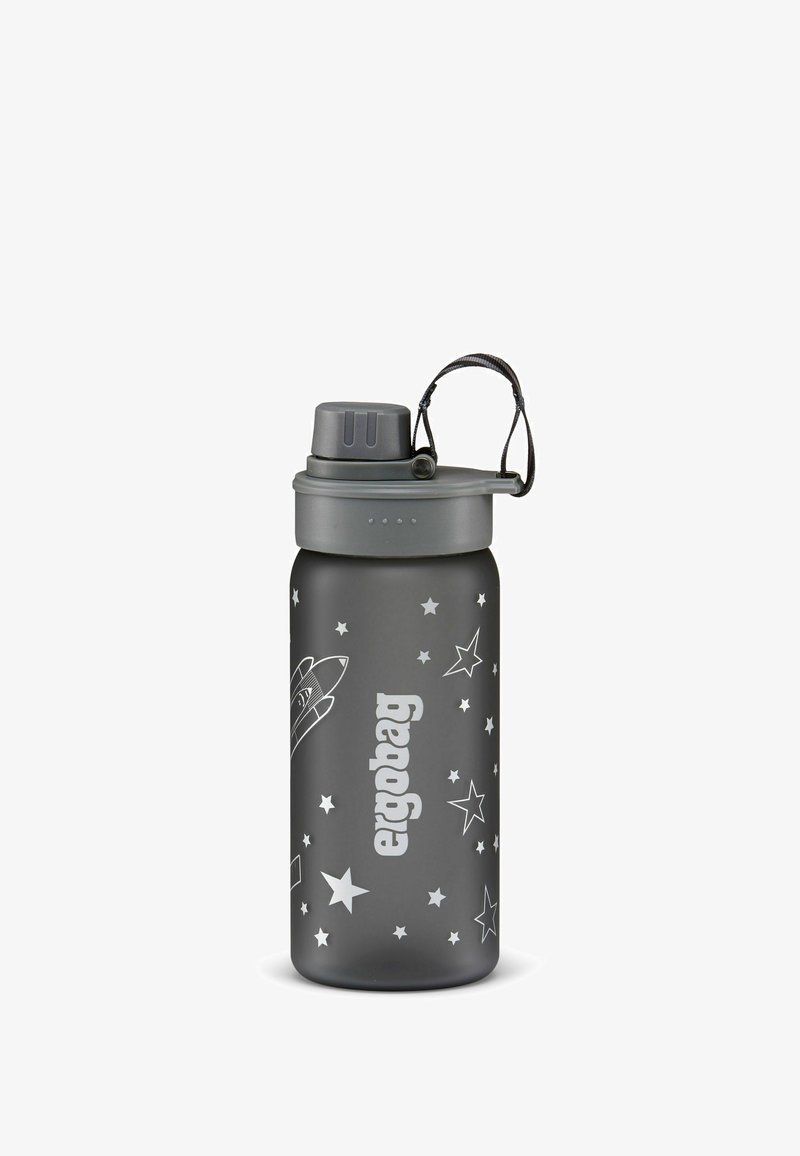 Gray water bottle with a matte finish, featuring white rocket and star designs. Includes a gray twist cap and a black carrying strap.