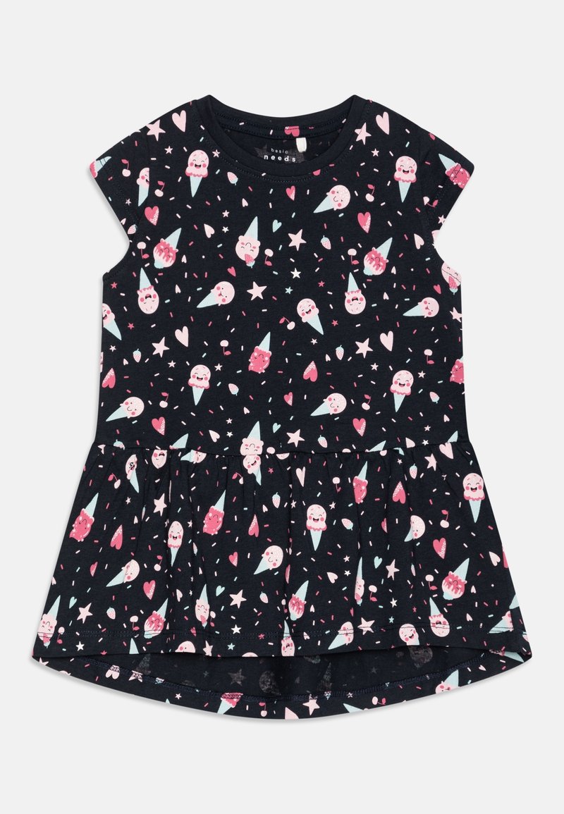 Robe noire à manches courtes avec bas peplum, recouverte d’un motif de cornets de glace roses et blancs, cœurs, étoiles et vermicelles.