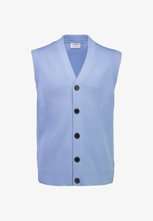 Gilet senza maniche azzurro chiaro a maglia con scollo a V e cinque bottoni neri sul davanti, con trama a coste e etichetta del marchio all'interno del colletto.