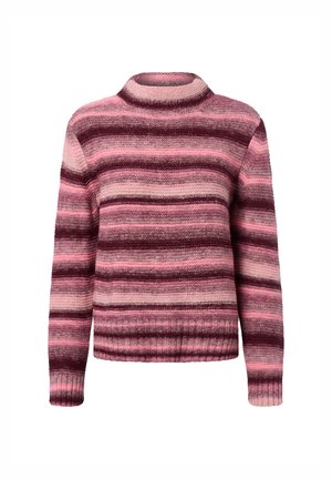 Knit sweater featuring horizontal stripes in varying shades of pink and burgundy. High neckline and ribbed cuffs and hem provide a snug fit.