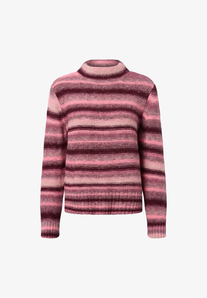 Strickpullover mit horizontalen Streifen in verschiedenen Schattierungen von Pink und Burgund. Der hohe Ausschnitt sowie die gerippten Bündchen und der Saum sorgen für eine enge Passform.