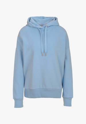 Light blue hoodie made of soft material. Features a large hood, drawstrings with metal tips, and ribbed cuffs and hem. Minimalistic design.