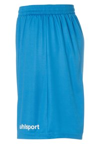 Bermudas deportivas azules hechas de un tejido ligero, con una cintura elástica y el nombre de la marca "uhlsport" en texto blanco en la parte inferior izquierda.