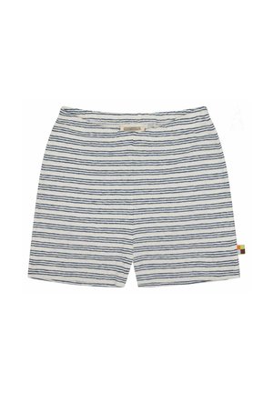 Pantaloni corti a righe realizzati in tessuto morbido, con linee orizzontali blu navy e bianche, e una piccola etichetta multicolore sul lato.